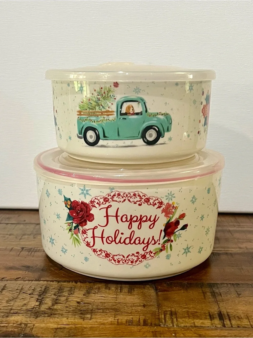 The Pioneer Woman Happy Holidays Ceramic Holiday Storage Bowls - Cream and Teal
